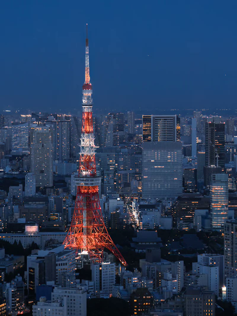 Couple in evening wear against the Tokyo night skyline during a pre-wedding photoshoot